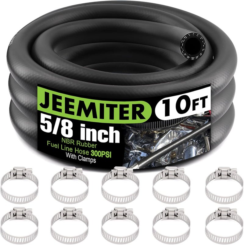 Jeemiter 5/8" ID Fuel Line Hose 10FT - Heavy Duty SAE 30R7 NBR Rubber for Diesel, Gas & Oil - High Flow Large Diameter Kit with 10 Clamps for Diesel Trucks, Marine Use - Image 1